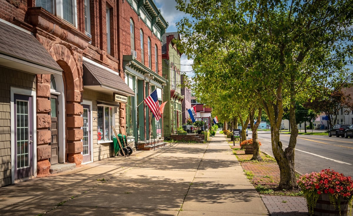 Main street U. S.A. store fronts on a summer day in a small town..